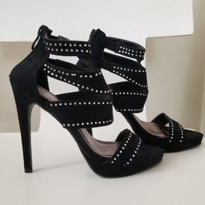 SOLD Black Faux Suede Rhinestone Heels